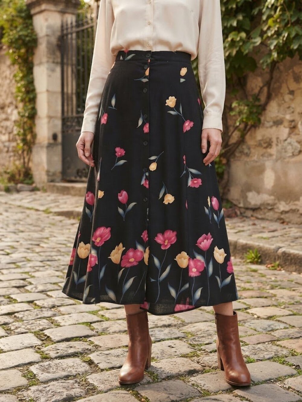 Vintage Black Floral Button-Front Maxi Skirt